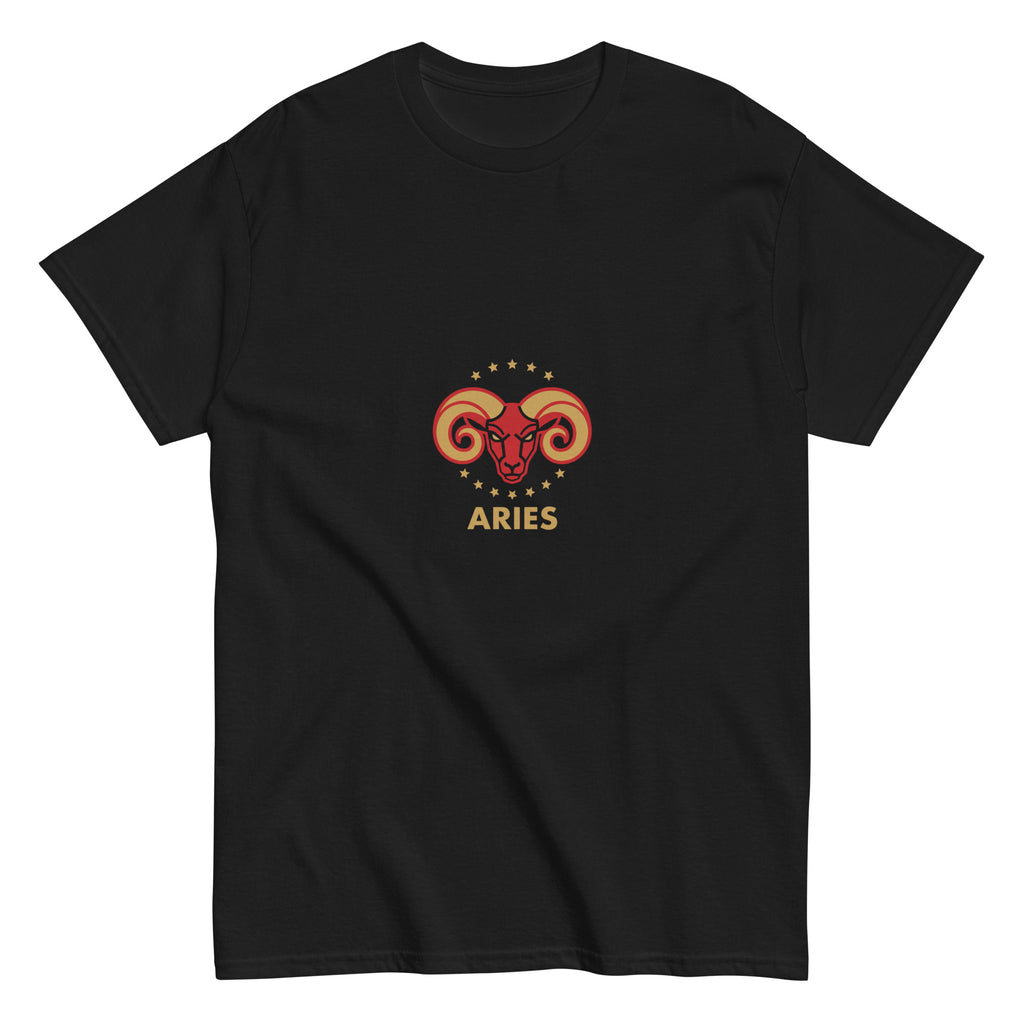 Golden Horn tee: crimson ram with gilded stars on a unisex Aries t-shirt