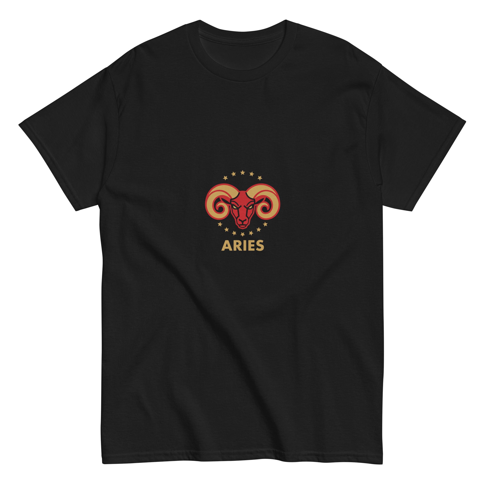 Golden Horn tee: crimson ram with gilded stars on a unisex Aries t-shirt