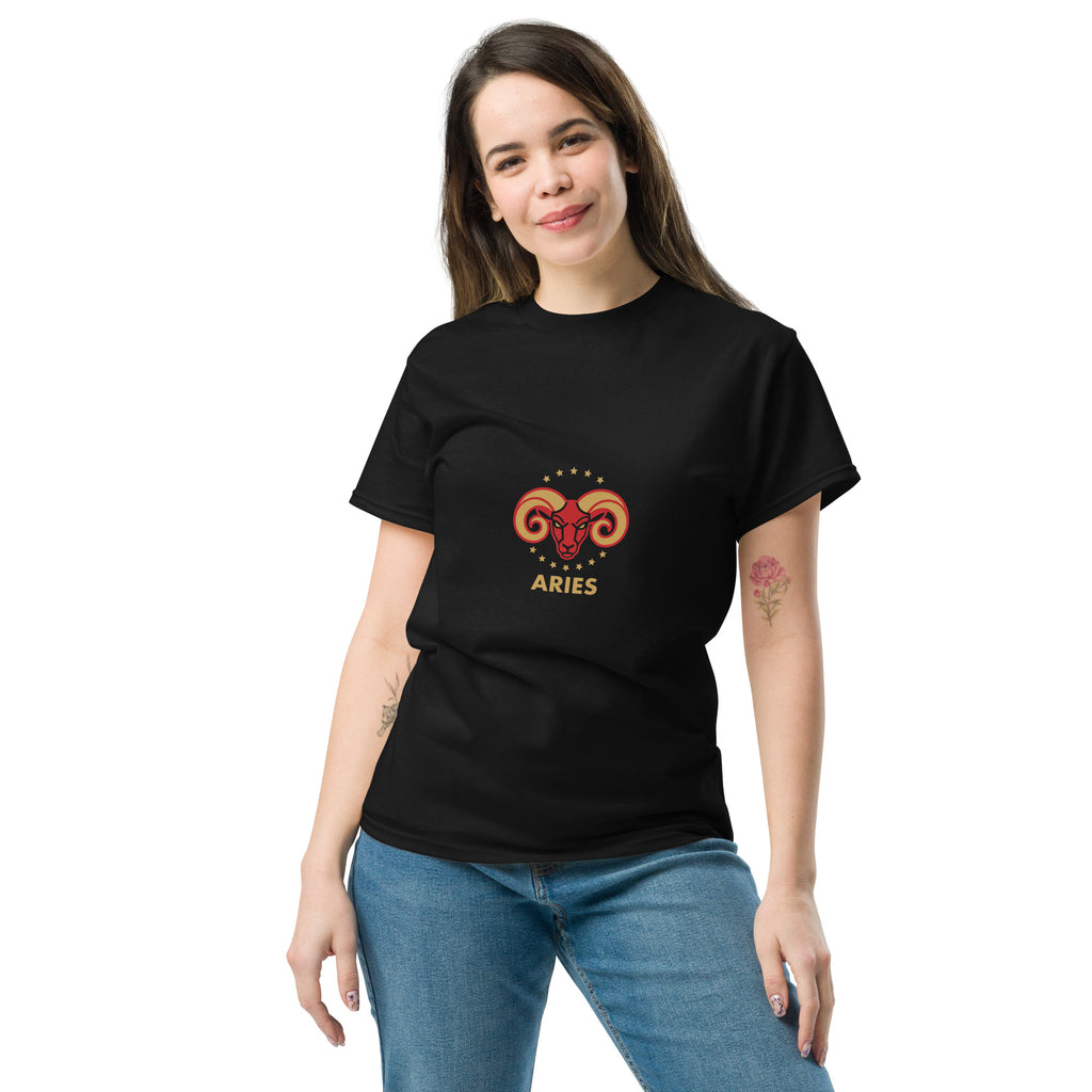 Golden Horn tee: crimson ram with gilded stars on a unisex Aries t-shirt