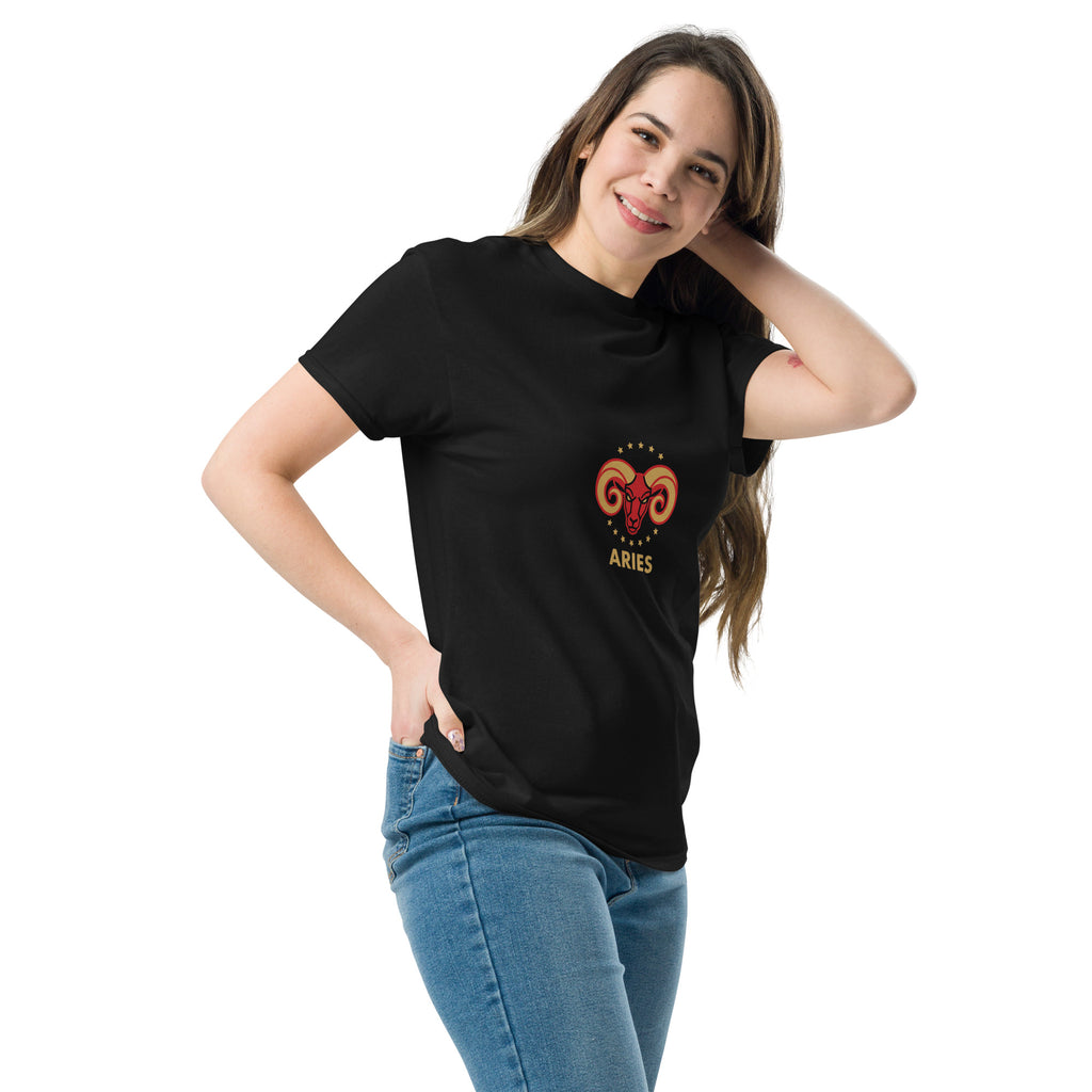 Golden Horn tee: crimson ram with gilded stars on a unisex Aries t-shirt