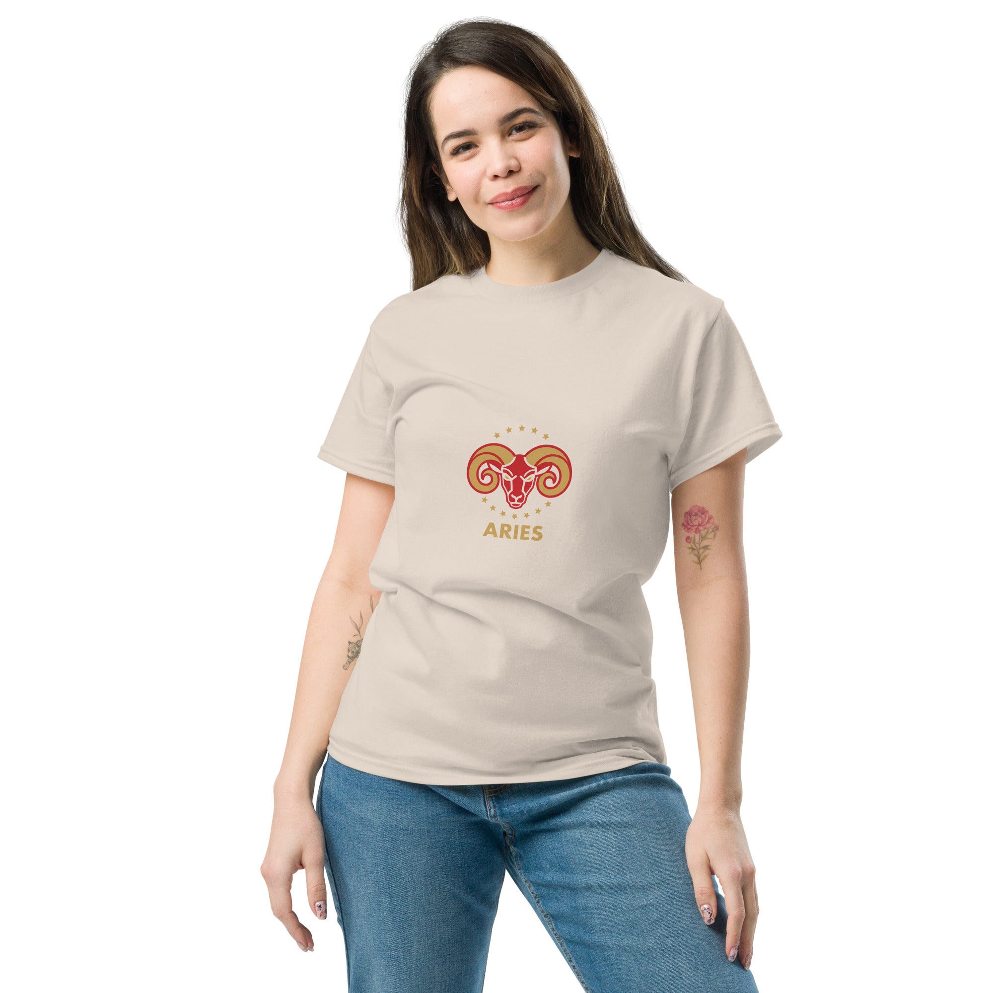 Golden Horn tee: crimson ram with gilded stars on a unisex Aries t-shirt