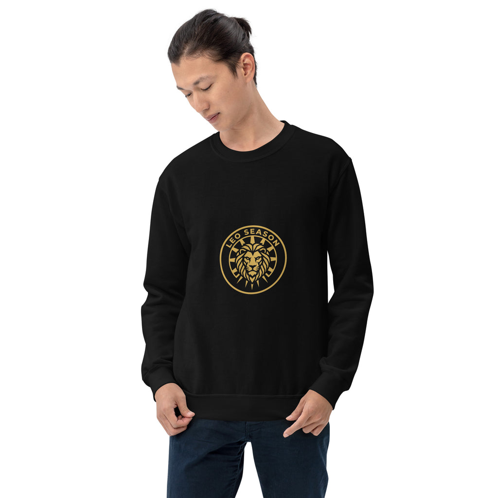 Leo Season sweatshirt: gold sunburst lion crest on a unisex crewneck