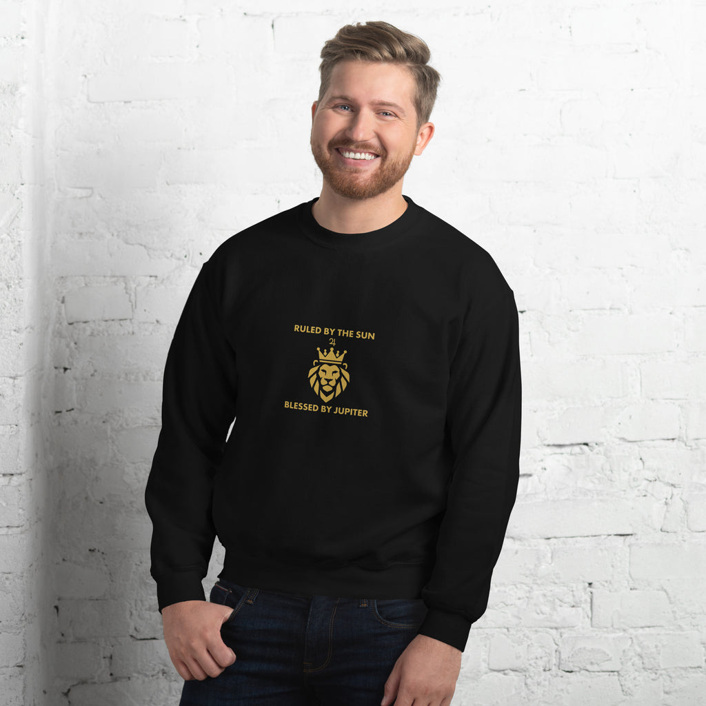 Ruled by the Sun sweatshirt: gold crowned lion with Jupiter symbol on a unisex crewneck
