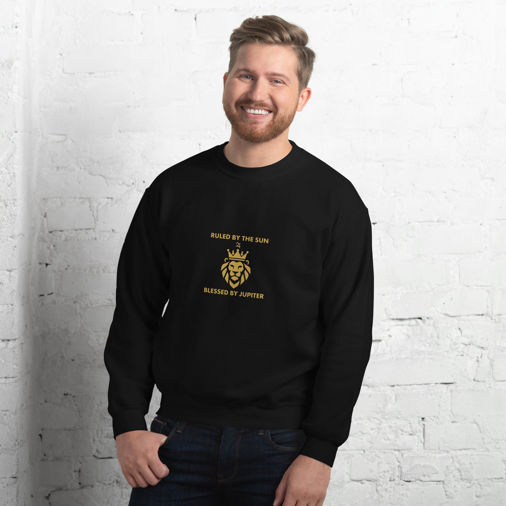Ruled by the Sun sweatshirt: gold crowned lion with Jupiter symbol on a unisex crewneck