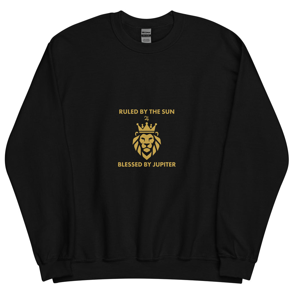 Ruled by the Sun sweatshirt: gold crowned lion with Jupiter symbol on a unisex crewneck