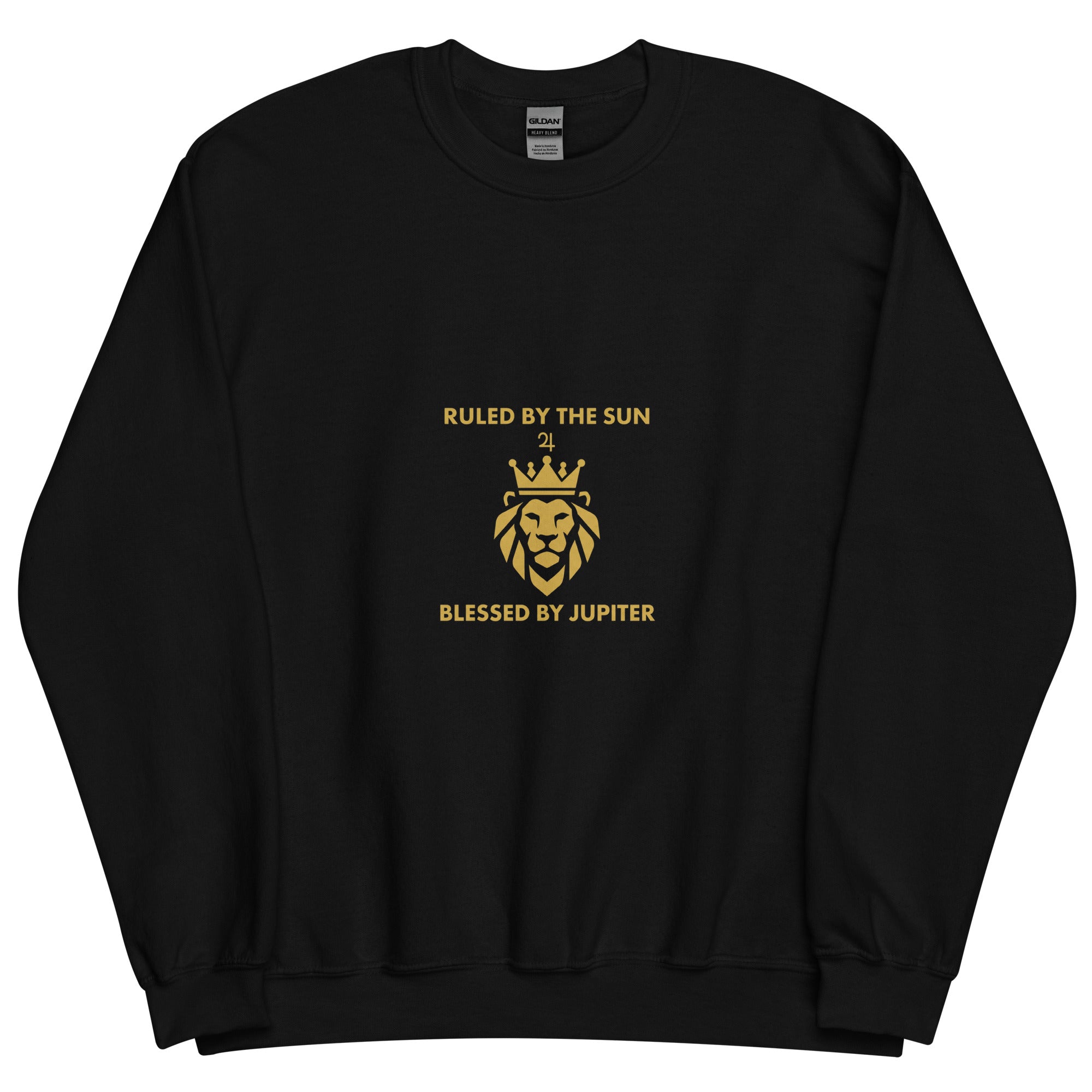 Ruled by the Sun sweatshirt: gold crowned lion with Jupiter symbol on a unisex crewneck