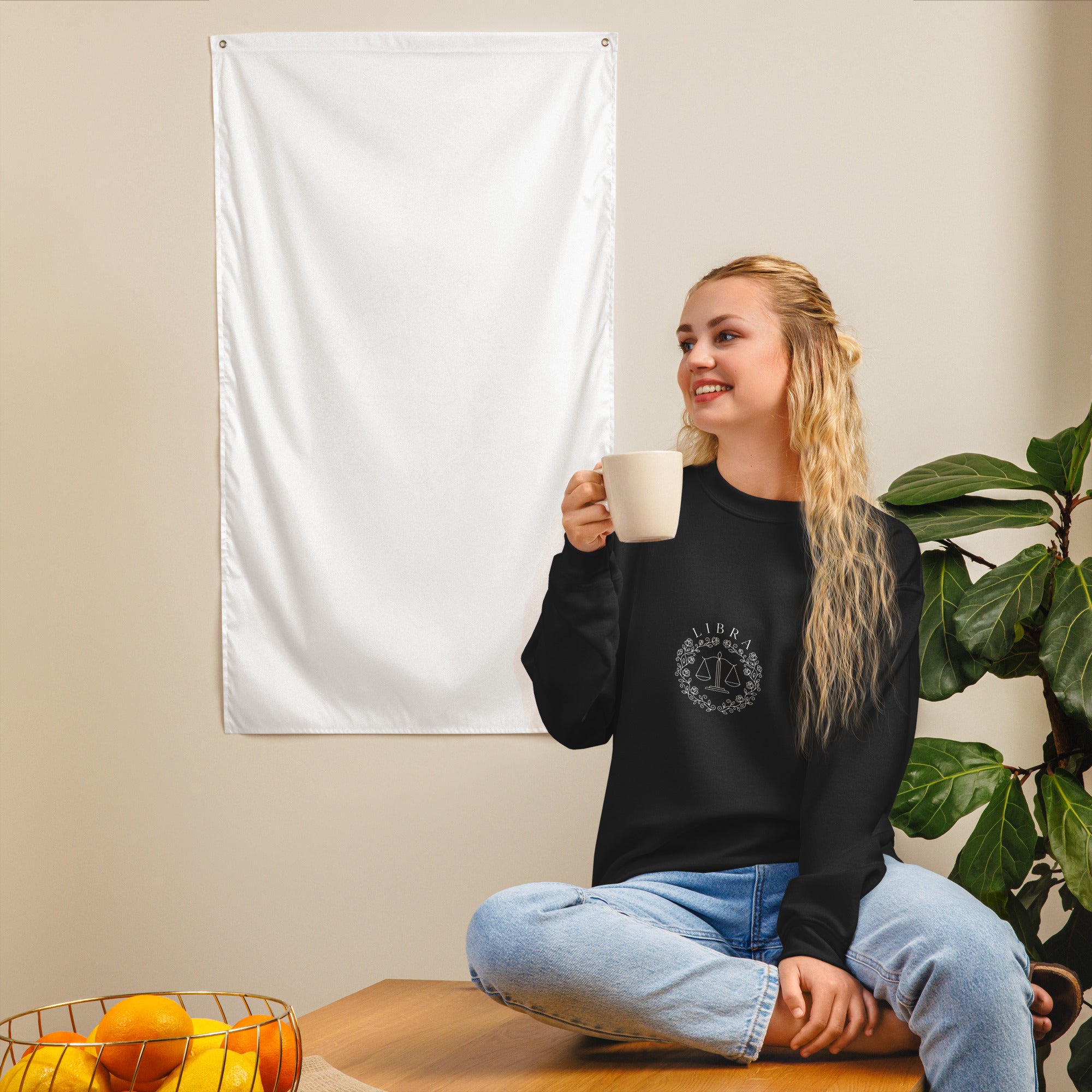 Libra Rose Crest sweatshirt: rose and vine scales crest on a unisex crewneck
