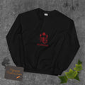 Blood Moon Rising sweatshirt: maroon scorpion under a red moon on a unisex crewneck