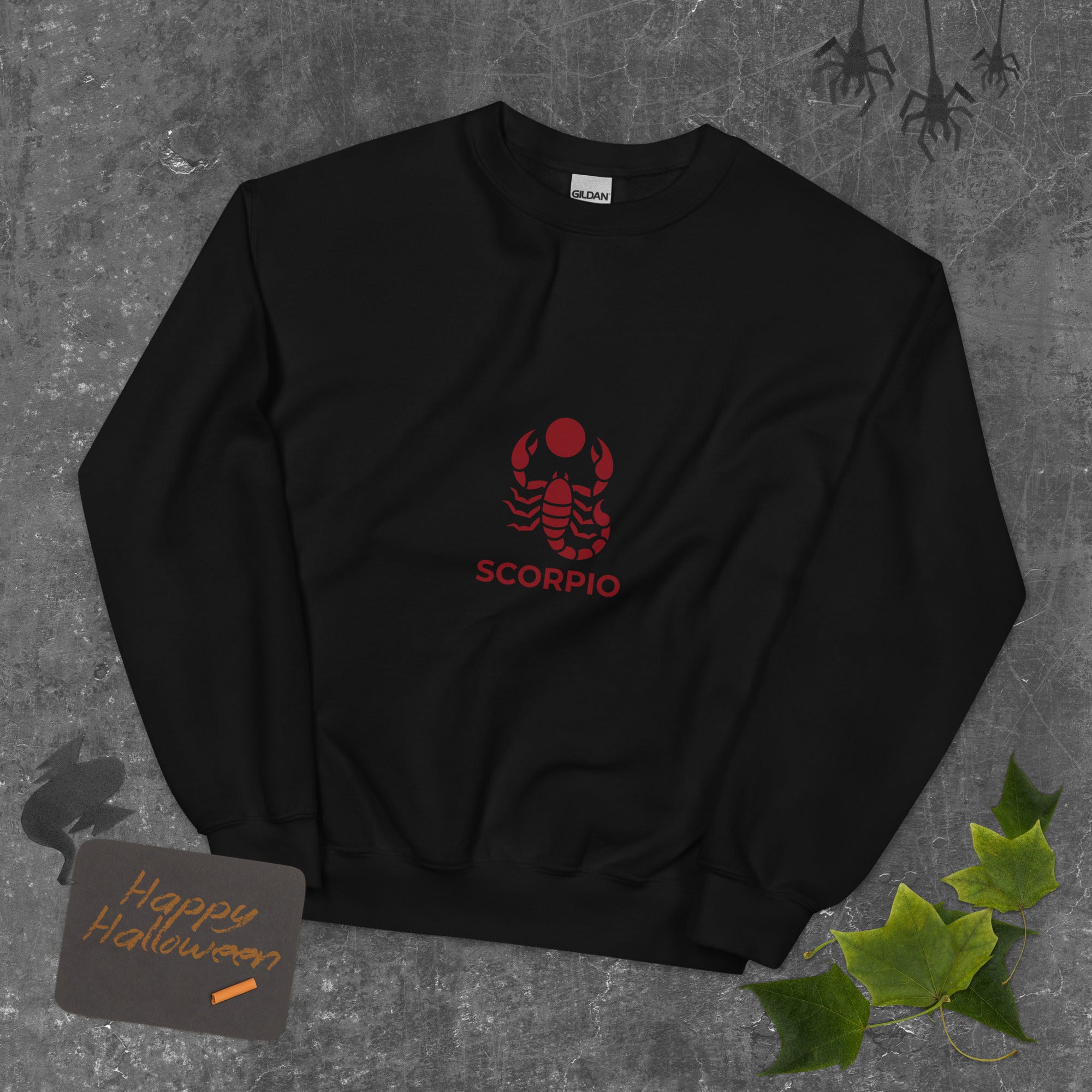 Blood Moon Rising sweatshirt: maroon scorpion under a red moon on a unisex crewneck