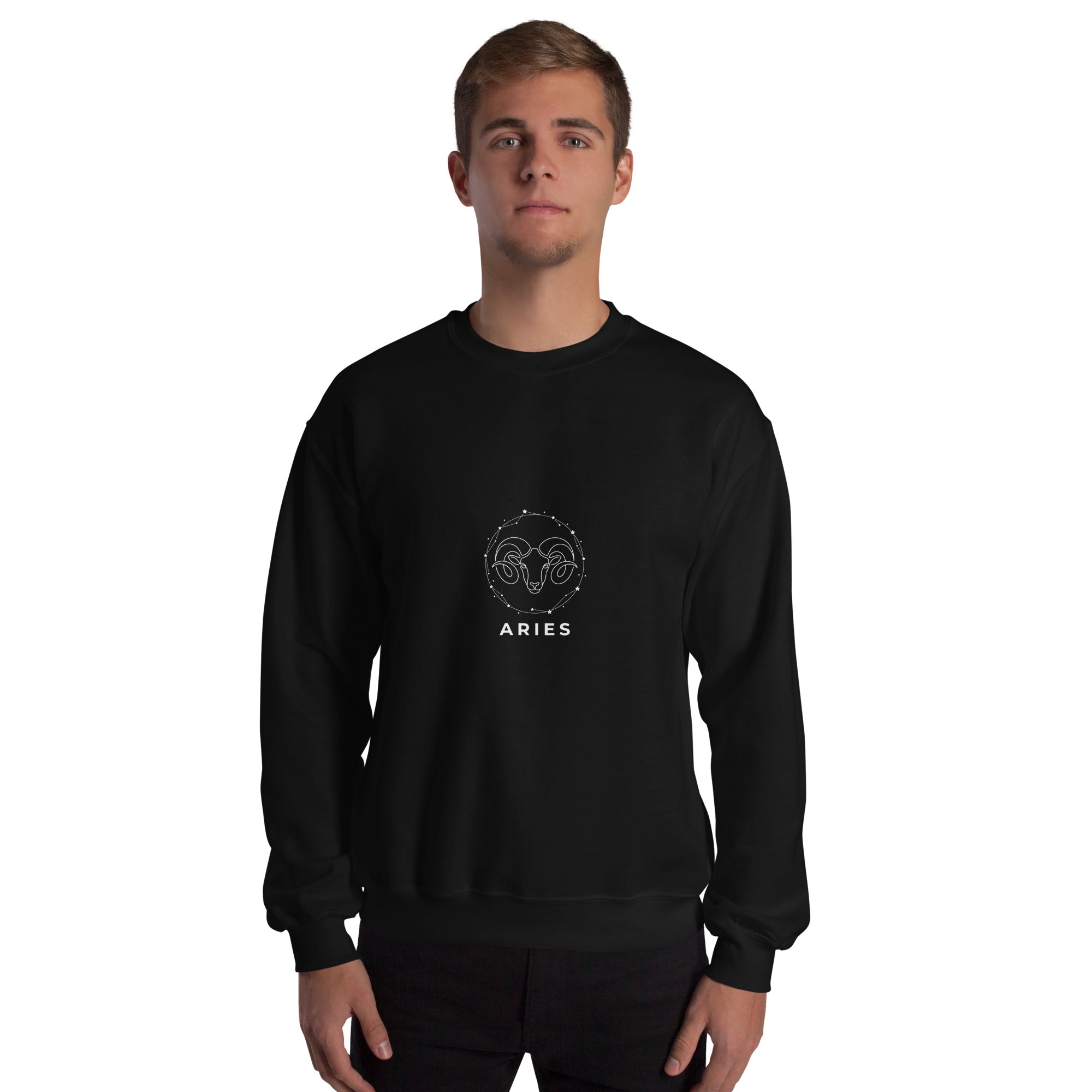 Ram Star Circuit sweatshirt: line art ram in a constellation ring on a unisex crewneck