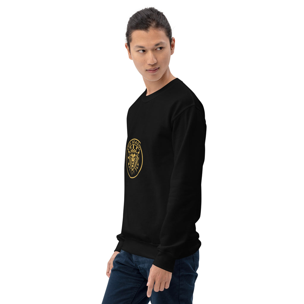 Leo Season sweatshirt: gold sunburst lion crest on a unisex crewneck