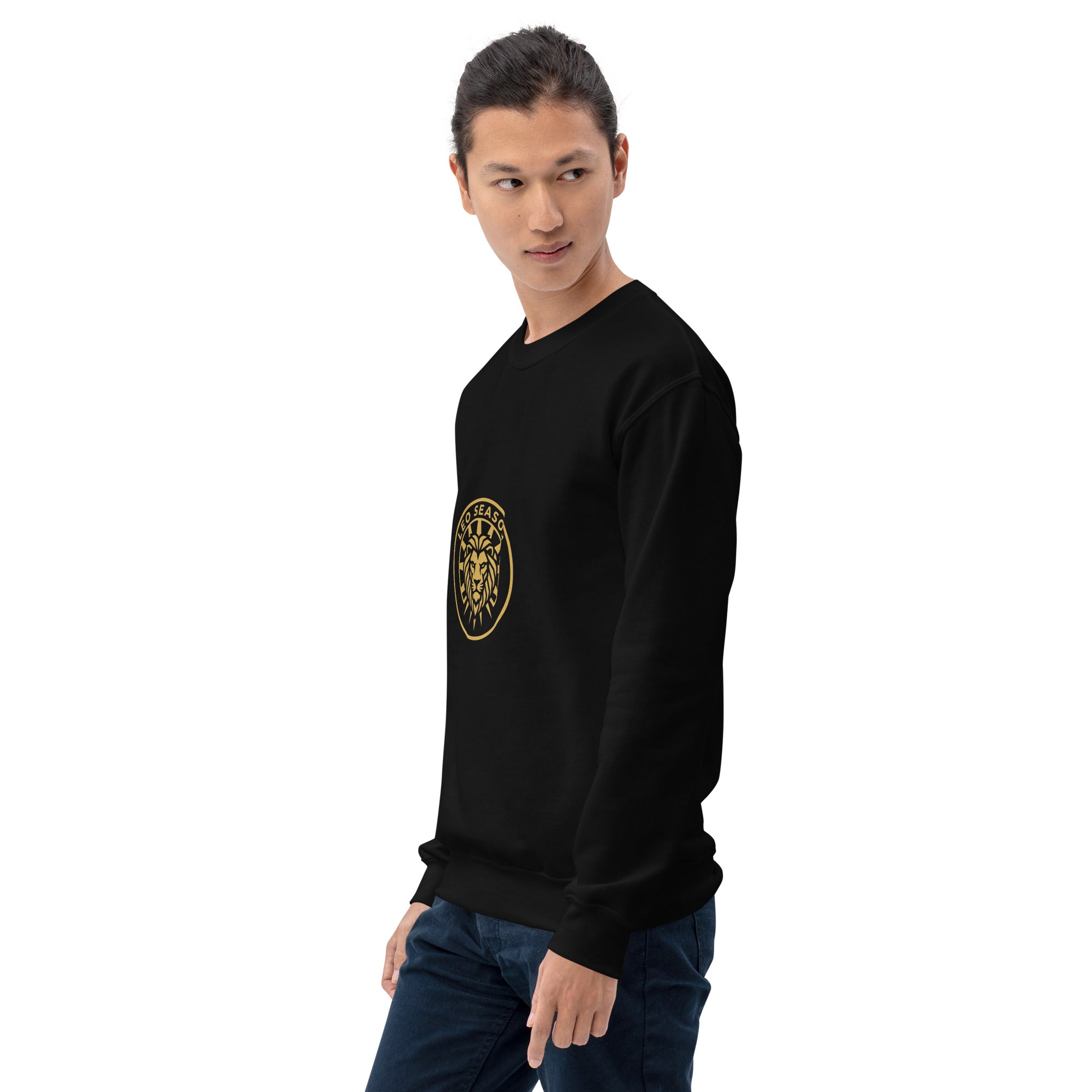 Leo Season sweatshirt: gold sunburst lion crest on a unisex crewneck