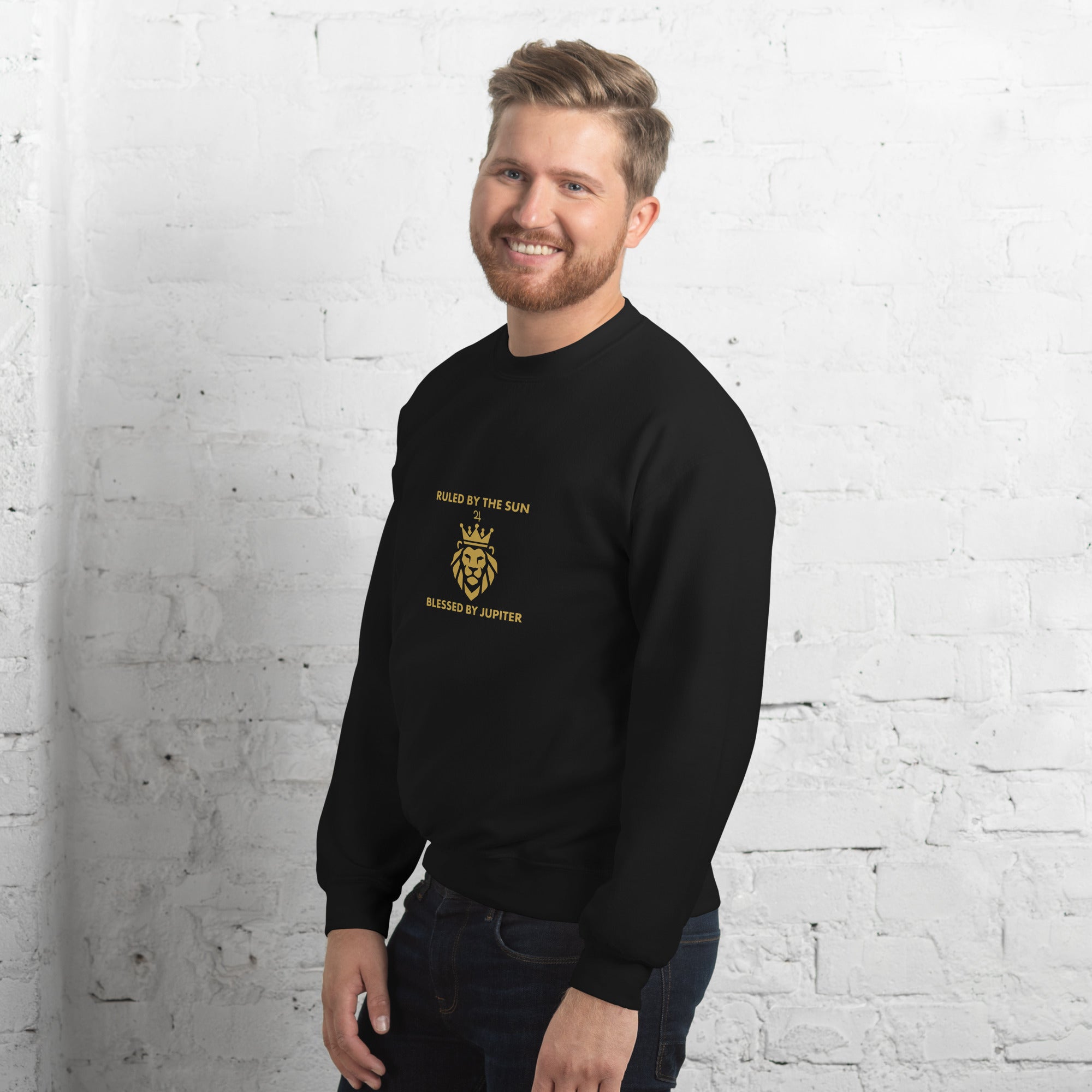 Ruled by the Sun sweatshirt: gold crowned lion with Jupiter symbol on a unisex crewneck