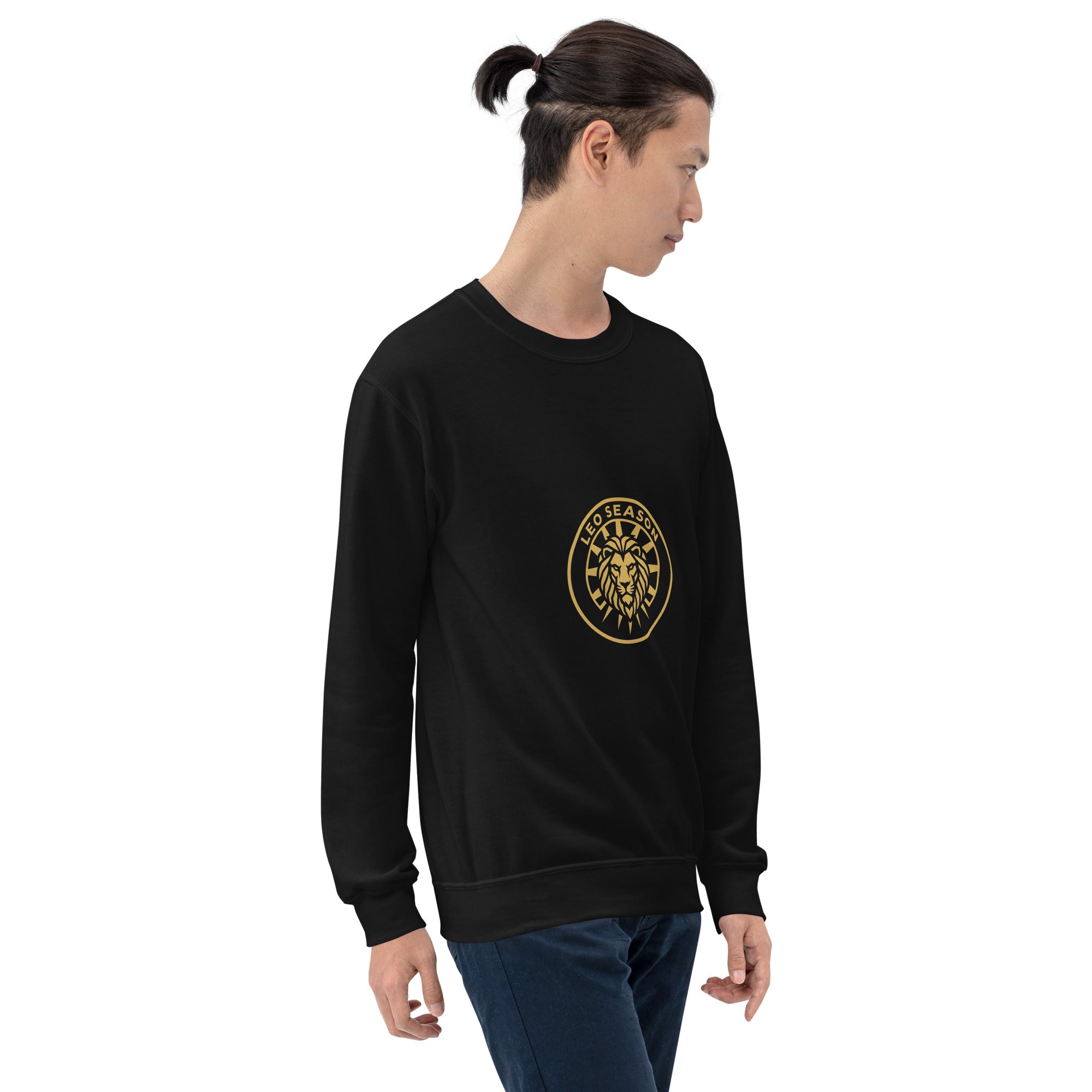 Leo Season sweatshirt: gold sunburst lion crest on a unisex crewneck