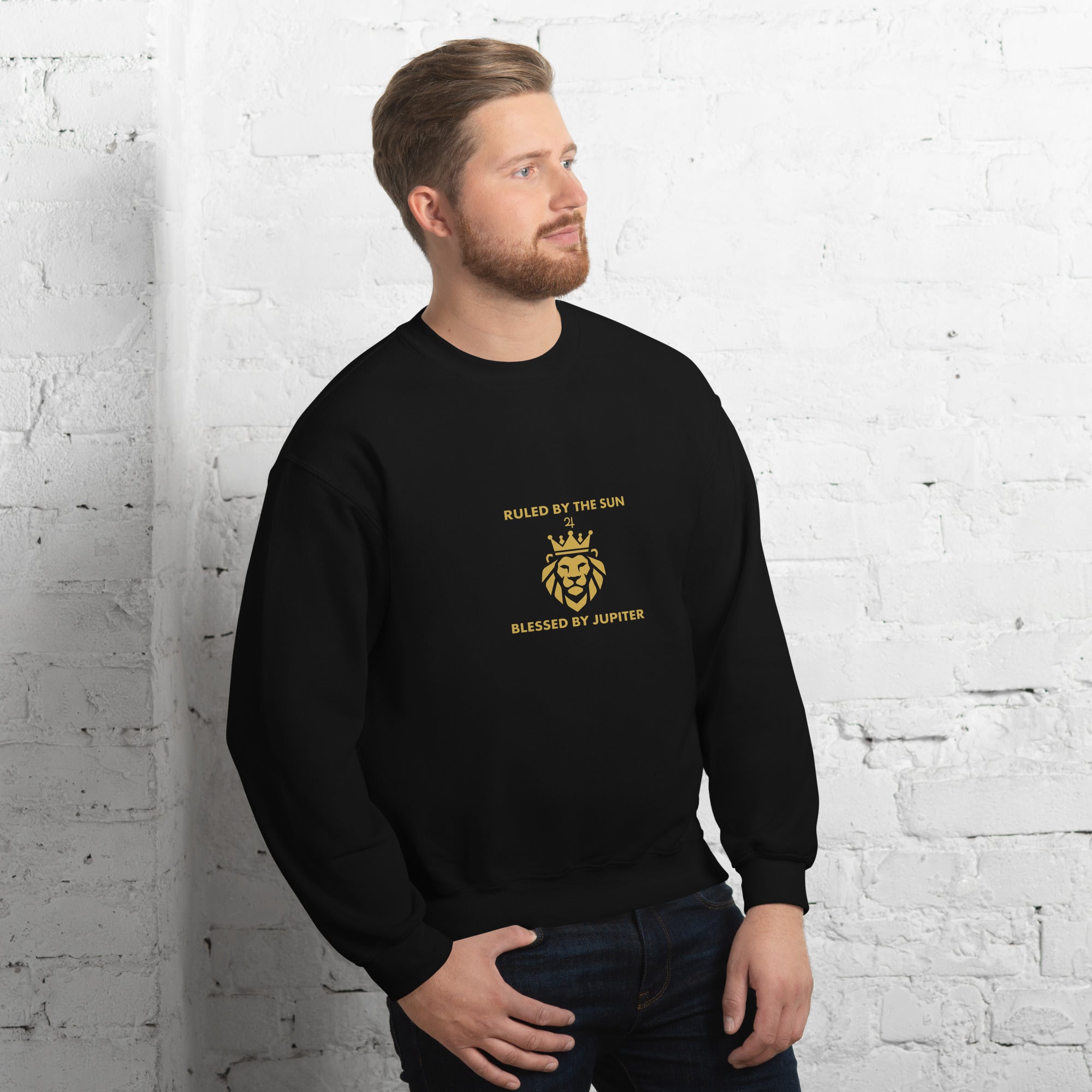 Ruled by the Sun sweatshirt: gold crowned lion with Jupiter symbol on a unisex crewneck