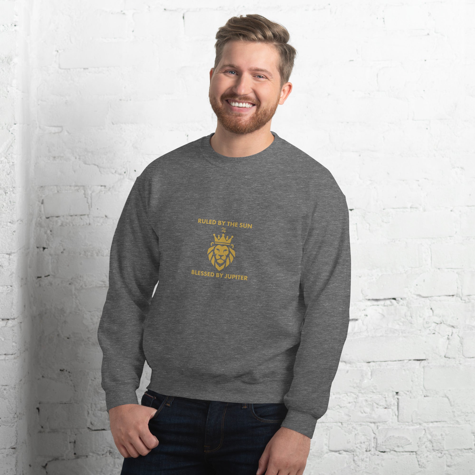 Ruled by the Sun sweatshirt: gold crowned lion with Jupiter symbol on a unisex crewneck