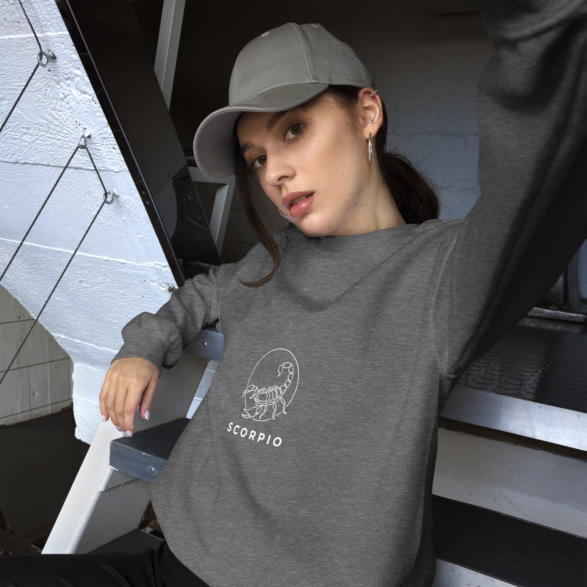 Moonlit Sting sweatshirt: line art scorpion beneath a moon on a unisex crewneck