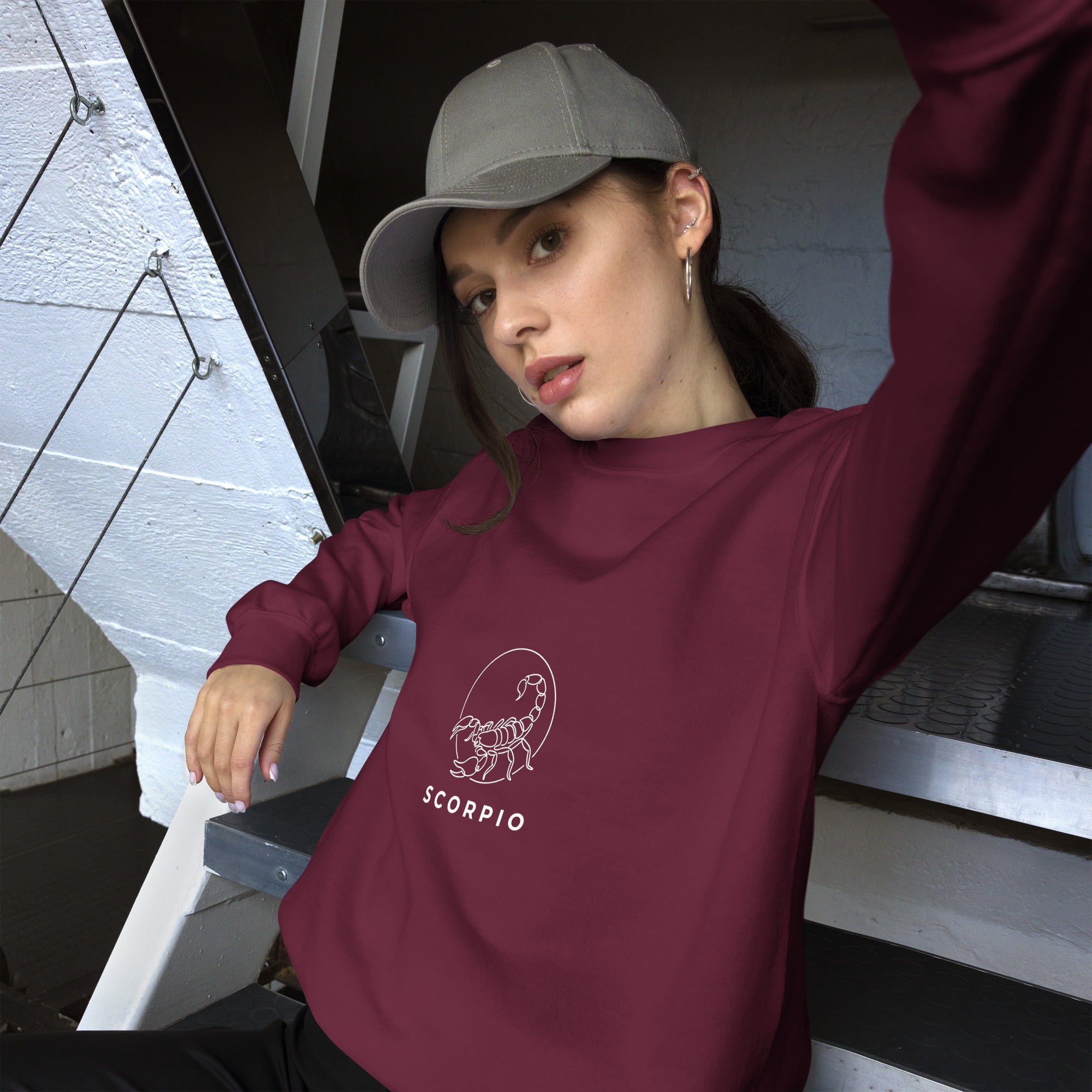 Moonlit Sting sweatshirt: line art scorpion beneath a moon on a unisex crewneck