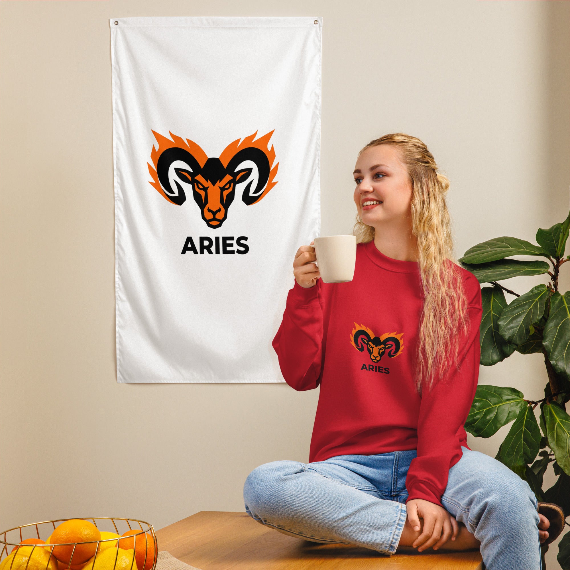 Blaze Ram sweatshirt: flaming ram horns in black and orange on a unisex crewneck