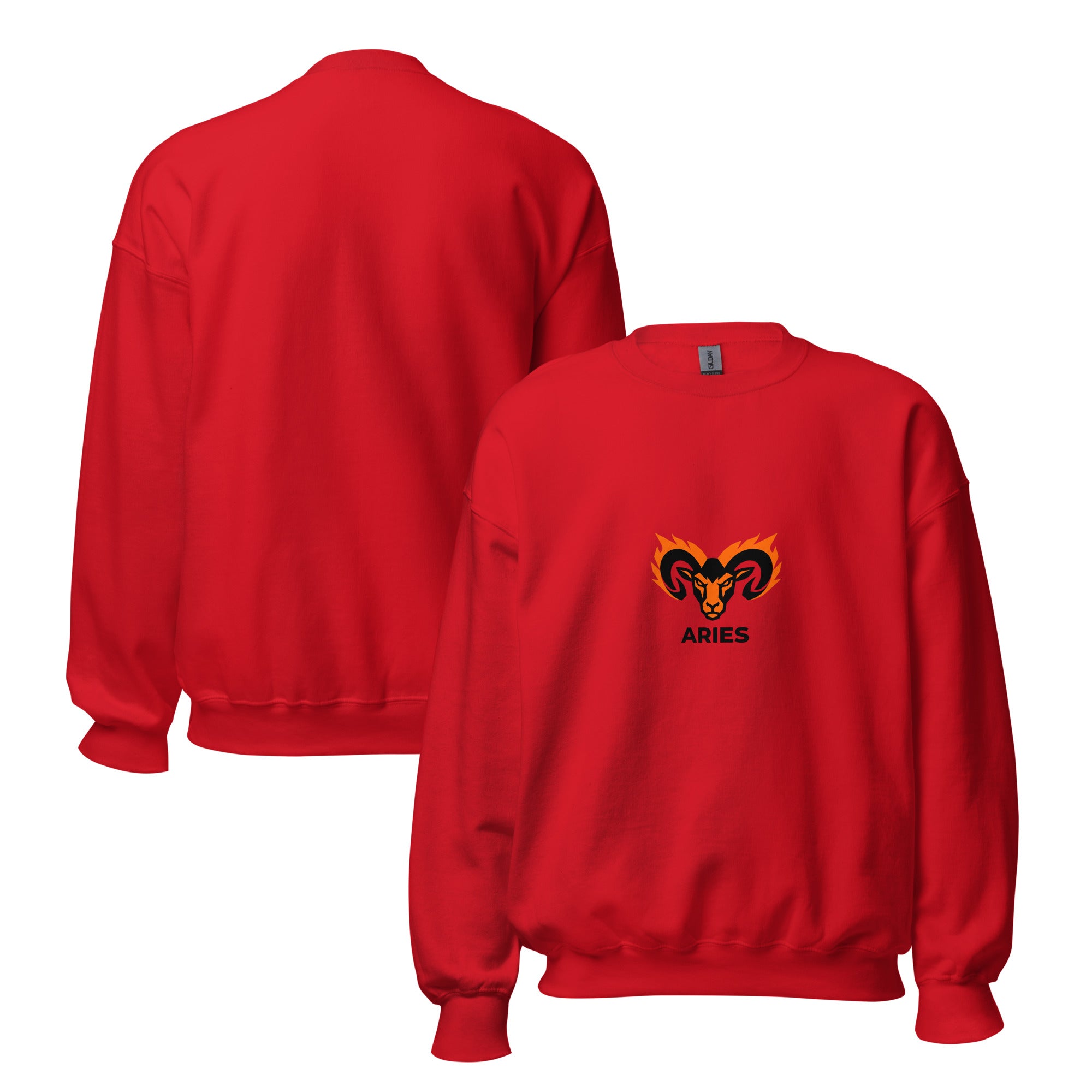 Blaze Ram sweatshirt: flaming ram horns in black and orange on a unisex crewneck