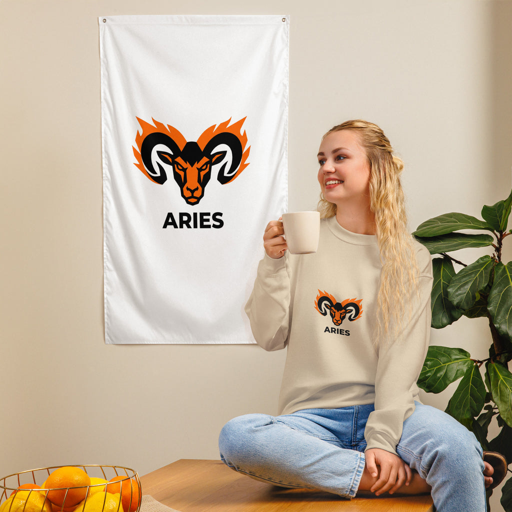 Blaze Ram sweatshirt: flaming ram horns in black and orange on a unisex crewneck