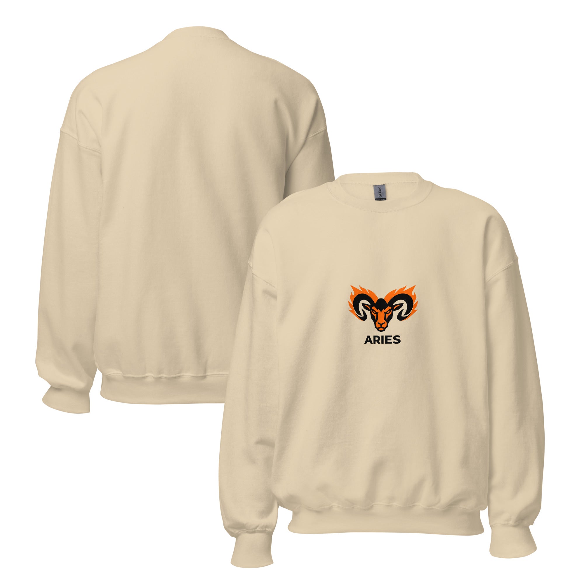 Blaze Ram sweatshirt: flaming ram horns in black and orange on a unisex crewneck