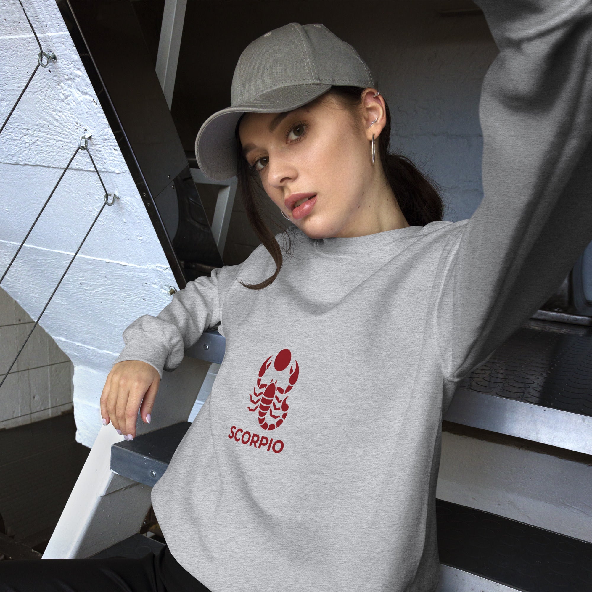 Blood Moon Rising sweatshirt: maroon scorpion under a red moon on a unisex crewneck