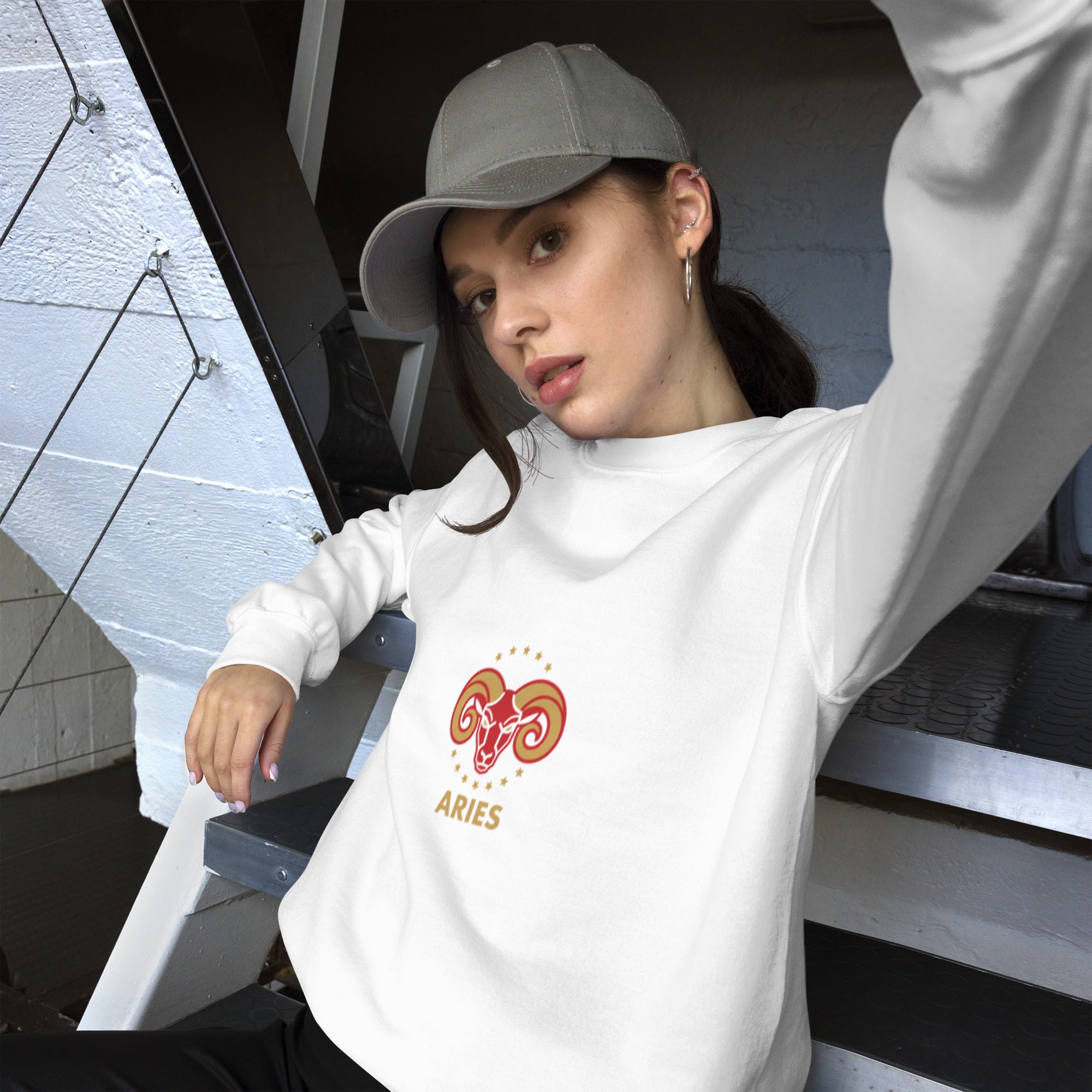 Golden Horn sweatshirt: crimson ram with gold stars on a unisex crewneck
