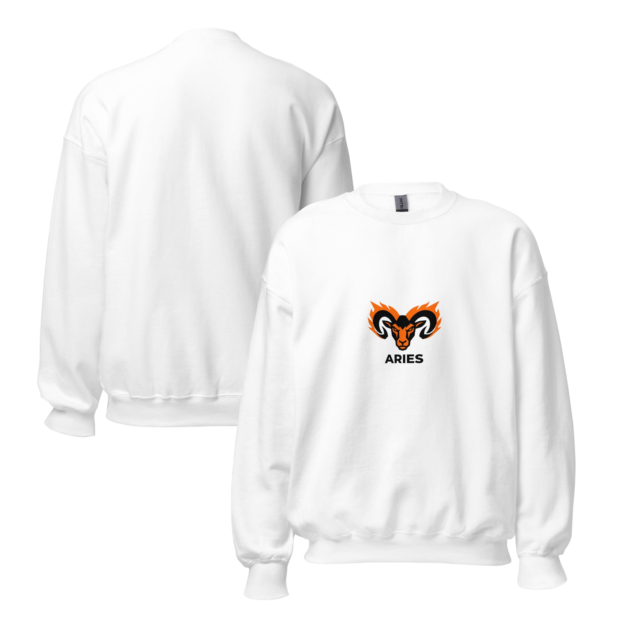 Blaze Ram sweatshirt: flaming ram horns in black and orange on a unisex crewneck