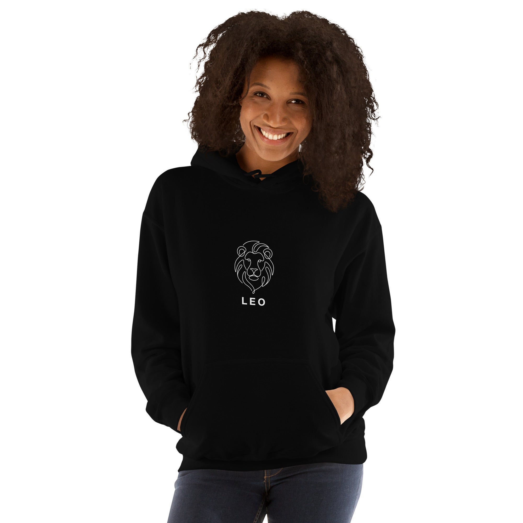 The Leo Mark hoodie: white line art lion on a dark unisex hoodie, Leo zodiac