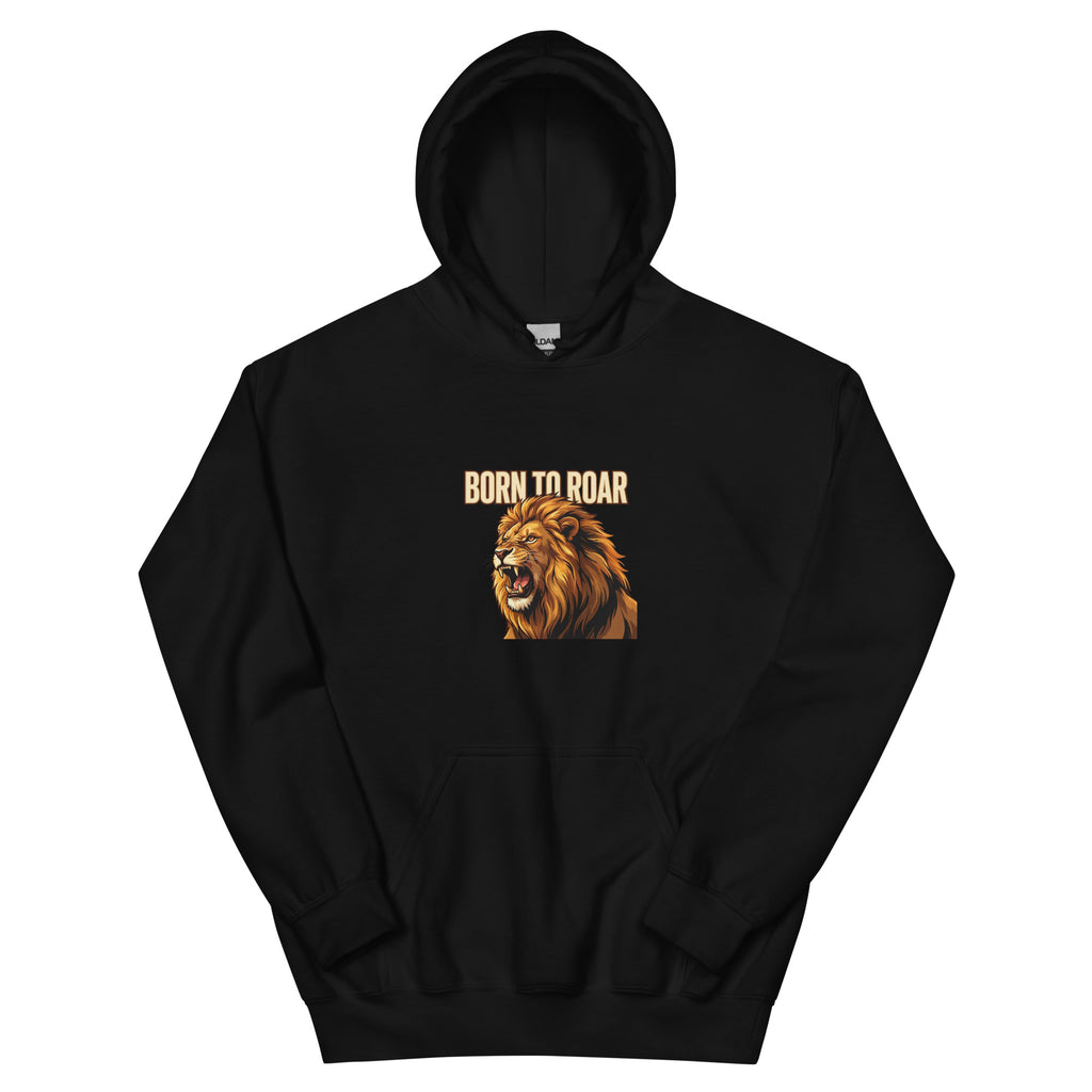 Born to Roar hoodie: roaring gold lion Leo zodiac design on a unisex hoodie