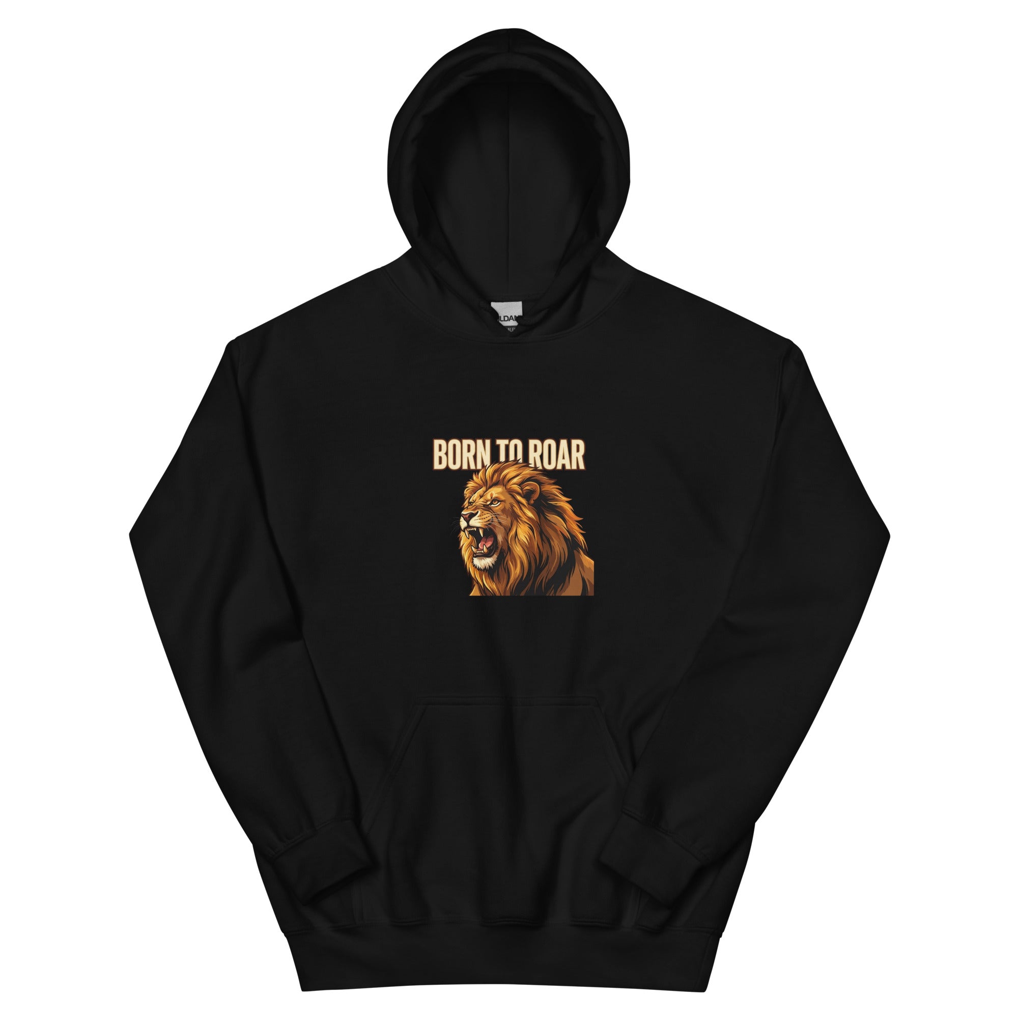 Born to Roar hoodie: roaring gold lion Leo zodiac design on a unisex hoodie