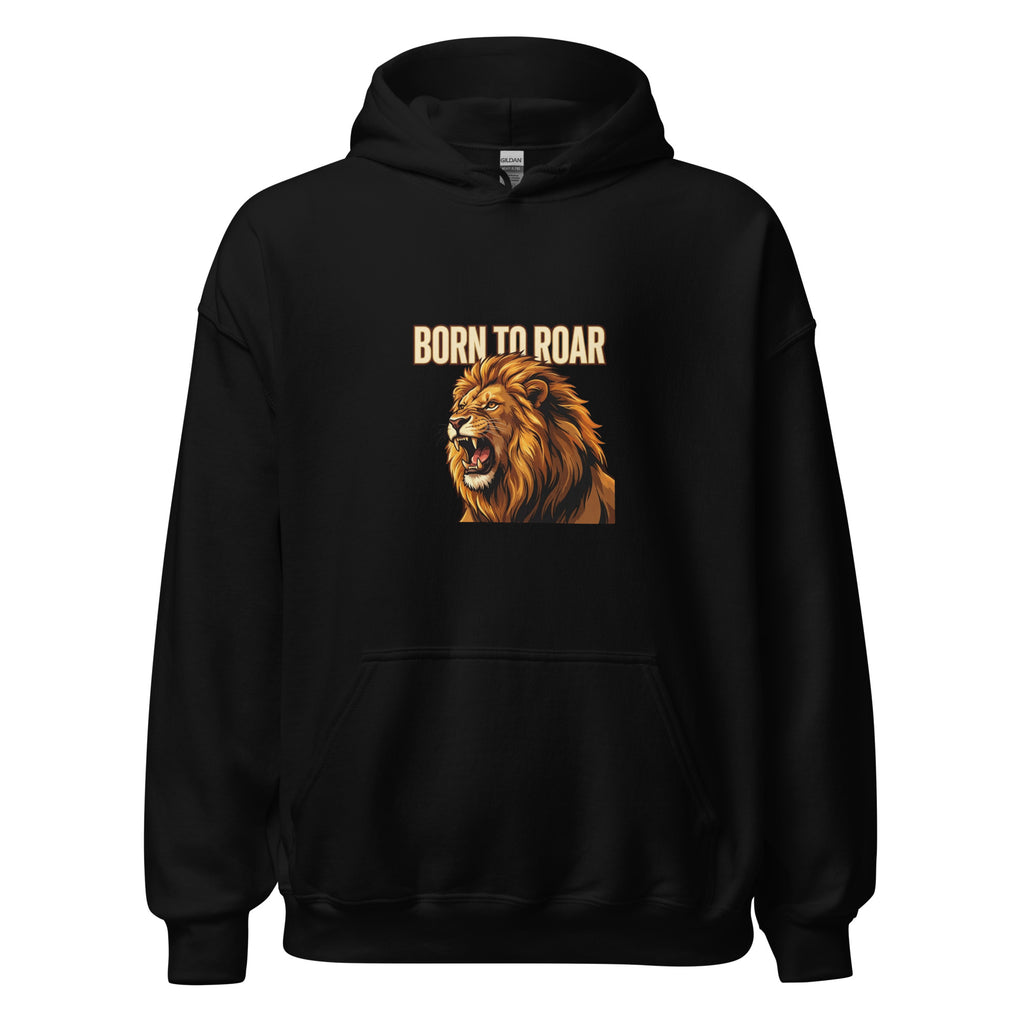 Born to Roar hoodie: roaring gold lion Leo zodiac design on a unisex hoodie