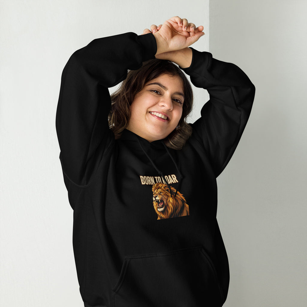 Born to Roar hoodie: roaring gold lion Leo zodiac design on a unisex hoodie