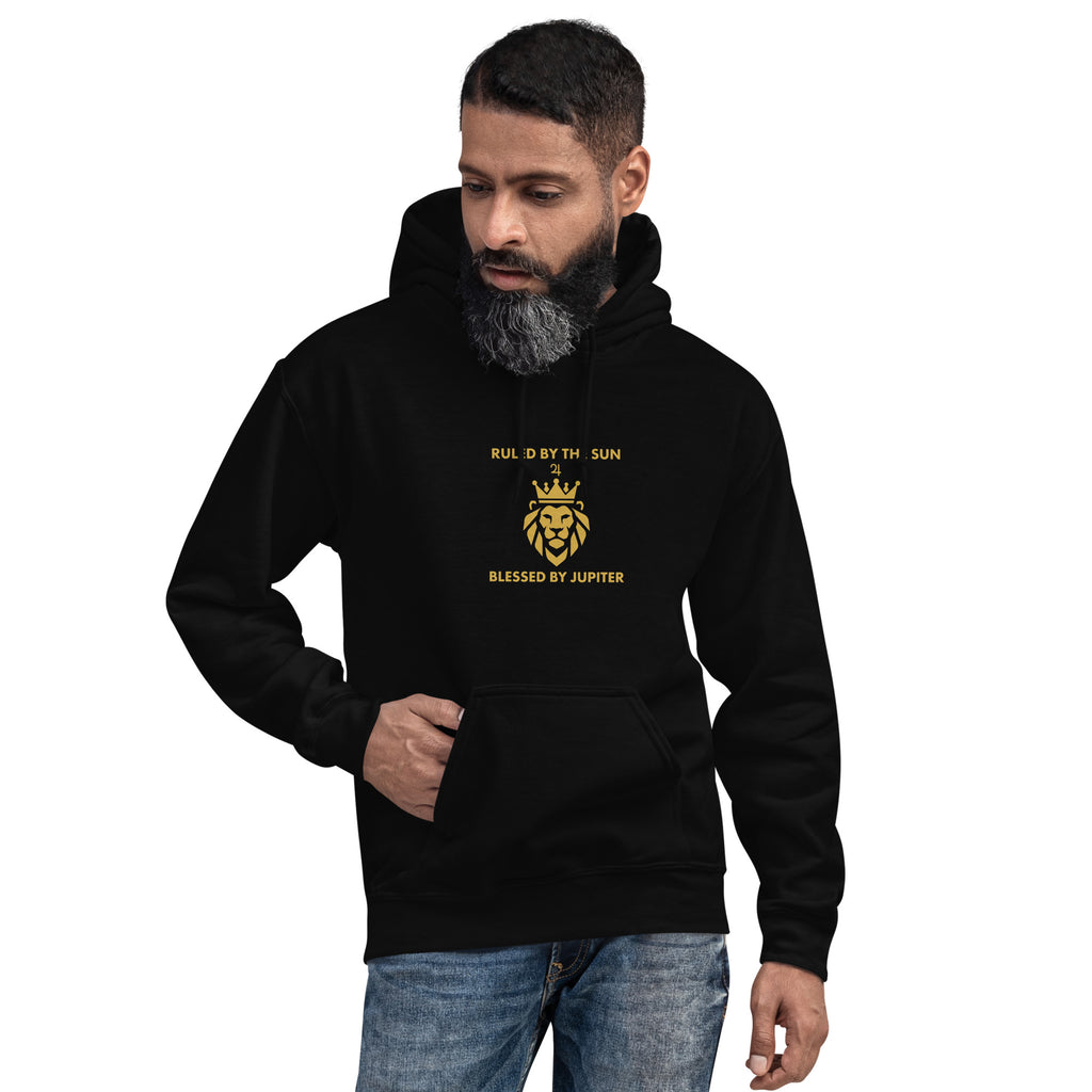 Ruled by the Sun hoodie: gold crowned lion with Jupiter symbol on a unisex Leo hoodie