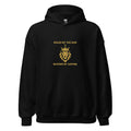 Ruled by the Sun hoodie: gold crowned lion with Jupiter symbol on a unisex Leo hoodie