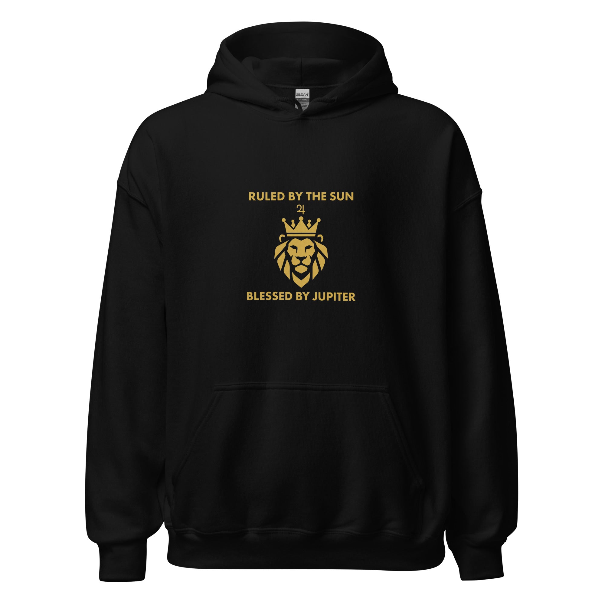 Ruled by the Sun hoodie: gold crowned lion with Jupiter symbol on a unisex Leo hoodie