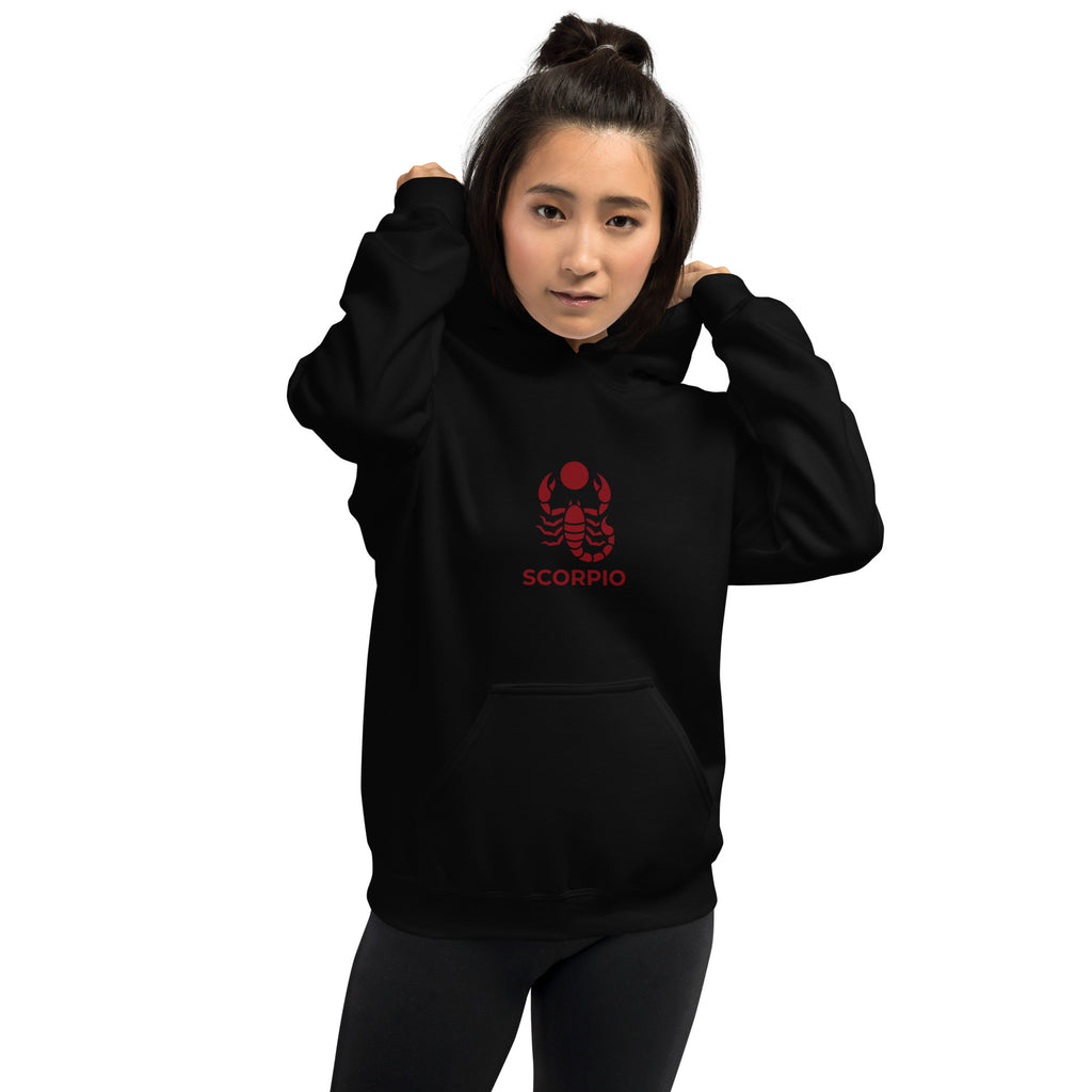 Blood Moon Rising hoodie: maroon scorpion under a red moon on a unisex Scorpio hoodie