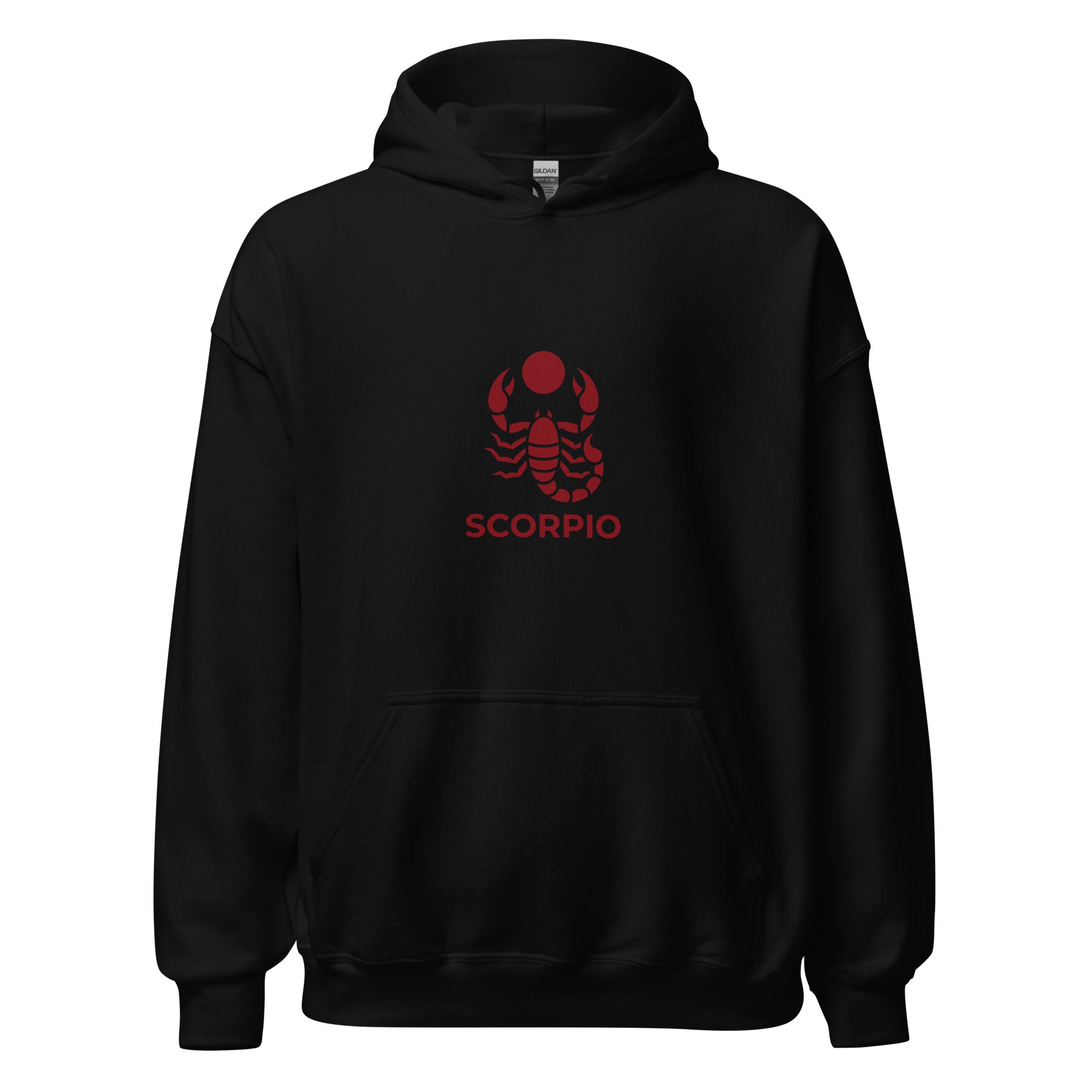 Blood Moon Rising hoodie: maroon scorpion under a red moon on a unisex Scorpio hoodie