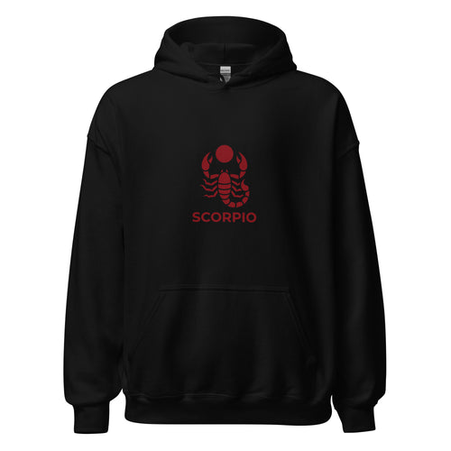 Blood Moon Rising hoodie: maroon scorpion under a red moon on a unisex Scorpio hoodie