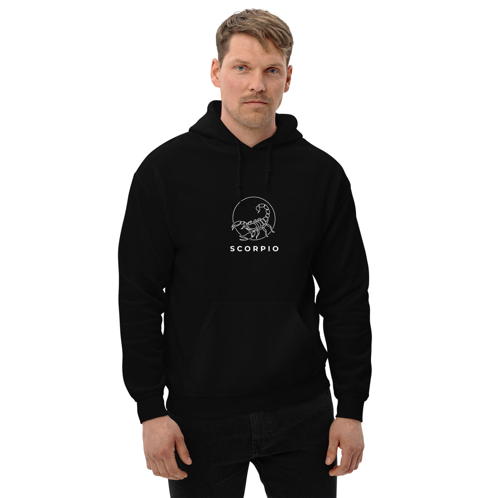 Moonlit Sting hoodie: line art scorpion beneath a moon on a unisex Scorpio hoodie