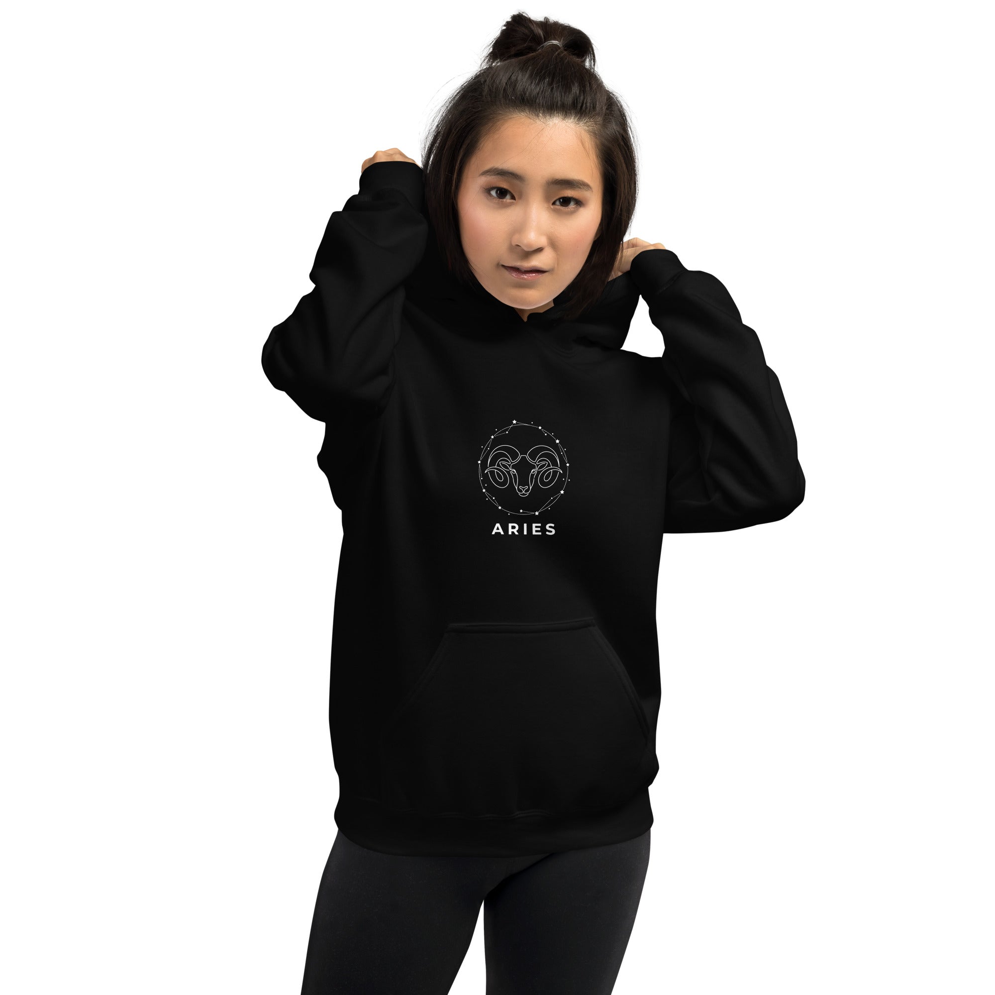Ram Star Circuit hoodie: line art ram in a constellation ring on a unisex Aries hoodie