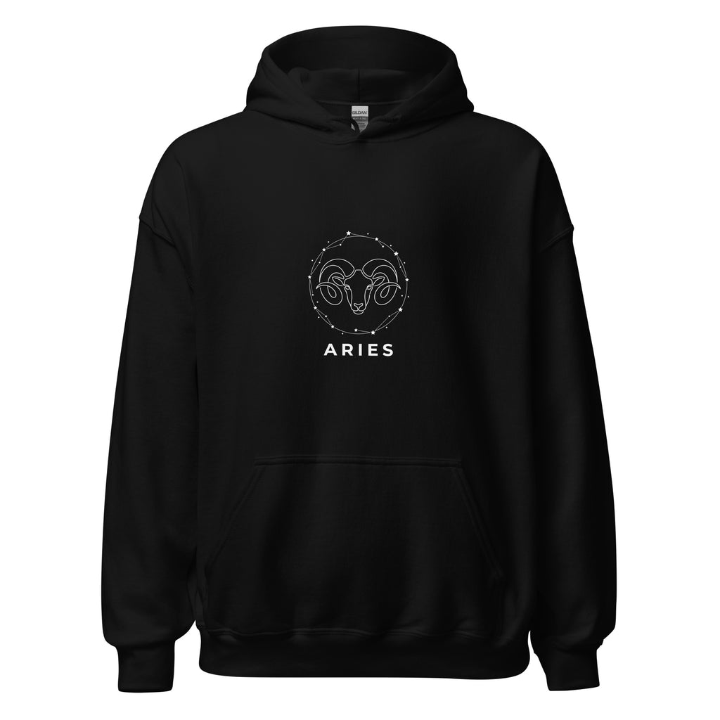 Ram Star Circuit hoodie: line art ram in a constellation ring on a unisex Aries hoodie