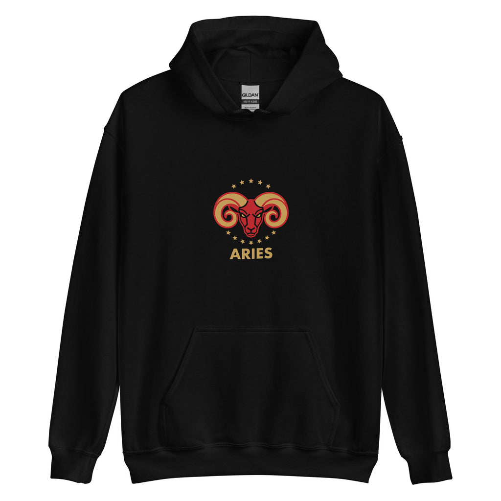 Golden Horn hoodie: crimson ram with gilded stars on a unisex Aries hoodie
