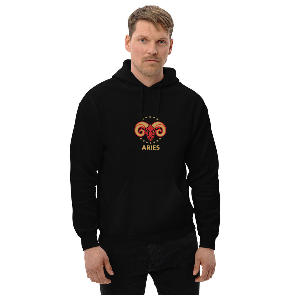 Golden Horn hoodie: crimson ram with gilded stars on a unisex Aries hoodie