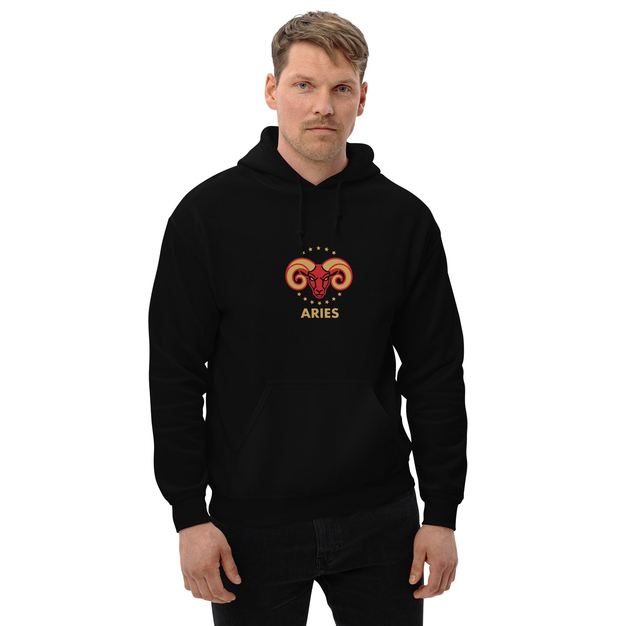 Golden Horn hoodie: crimson ram with gilded stars on a unisex Aries hoodie