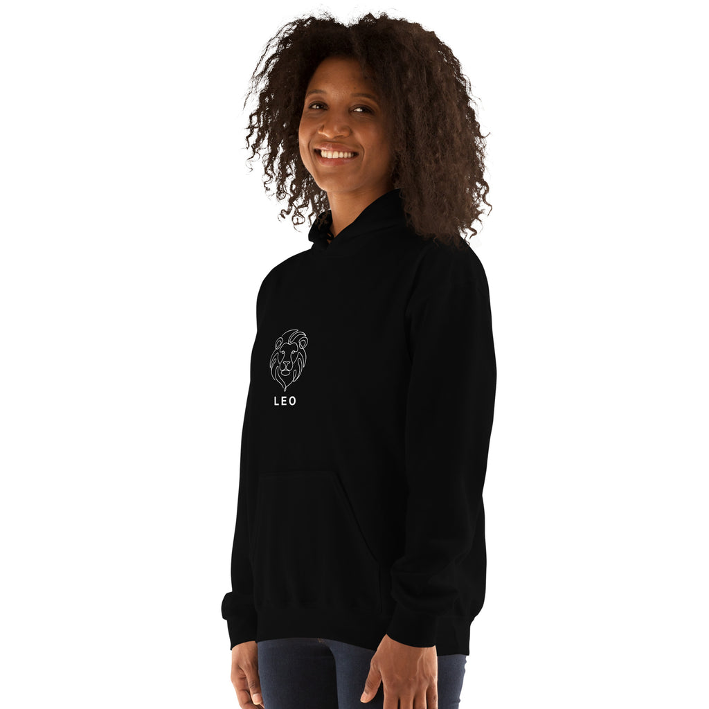 The Leo Mark hoodie: white line art lion on a dark unisex hoodie, Leo zodiac