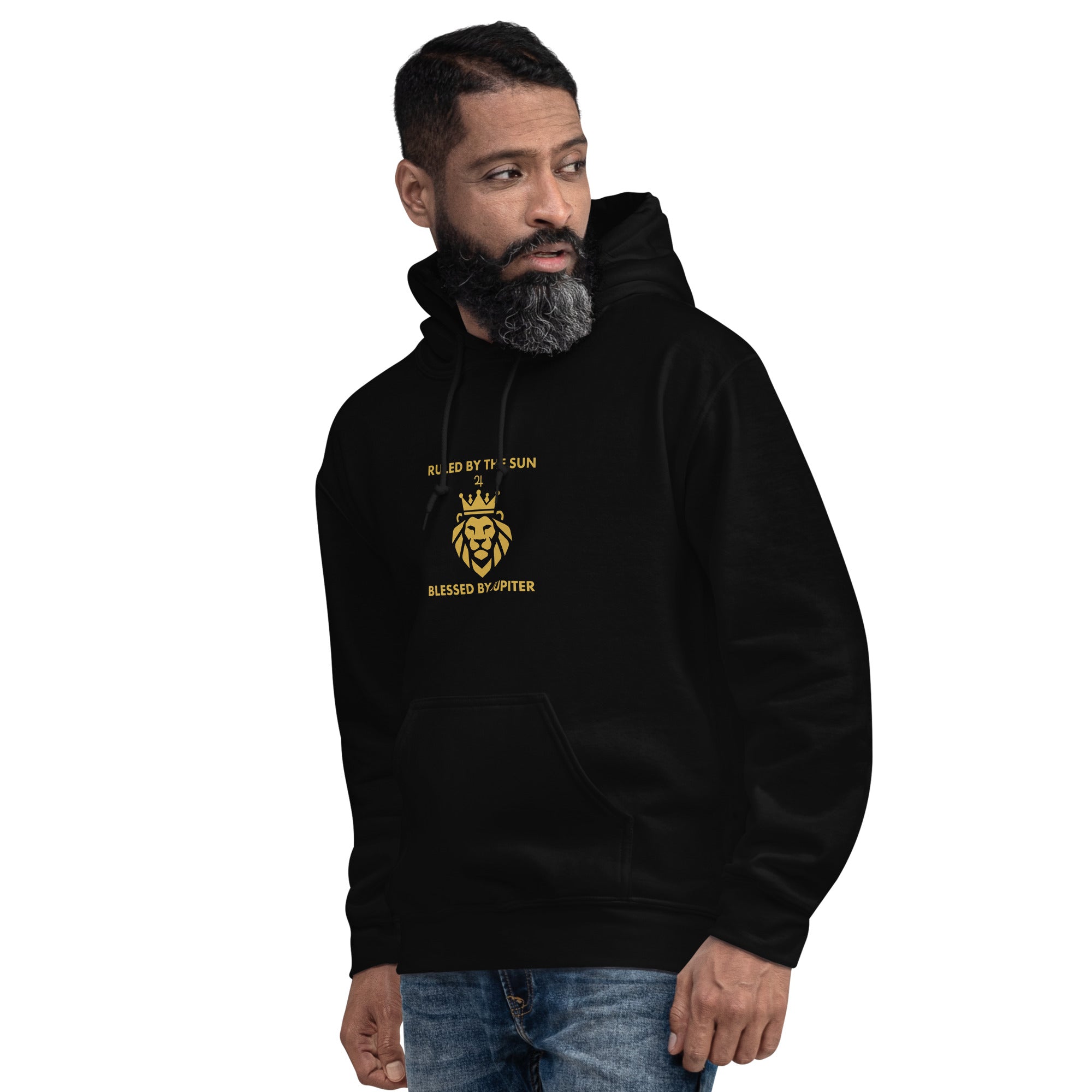 Ruled by the Sun hoodie: gold crowned lion with Jupiter symbol on a unisex Leo hoodie
