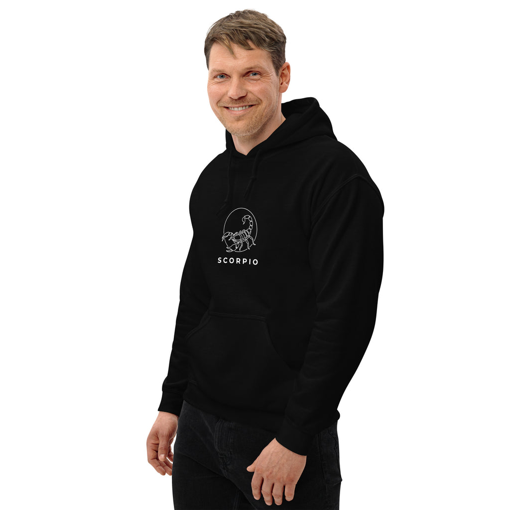 Moonlit Sting hoodie: line art scorpion beneath a moon on a unisex Scorpio hoodie
