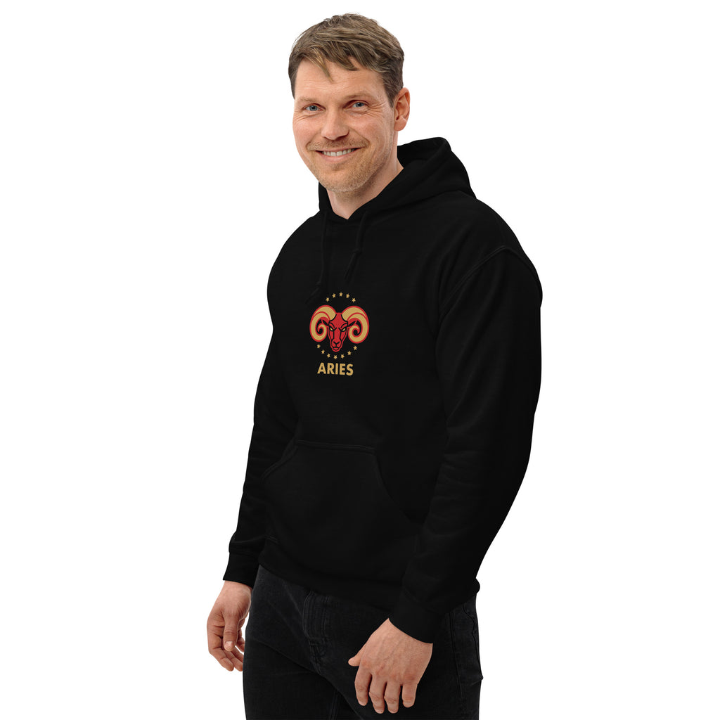 Golden Horn hoodie: crimson ram with gilded stars on a unisex Aries hoodie